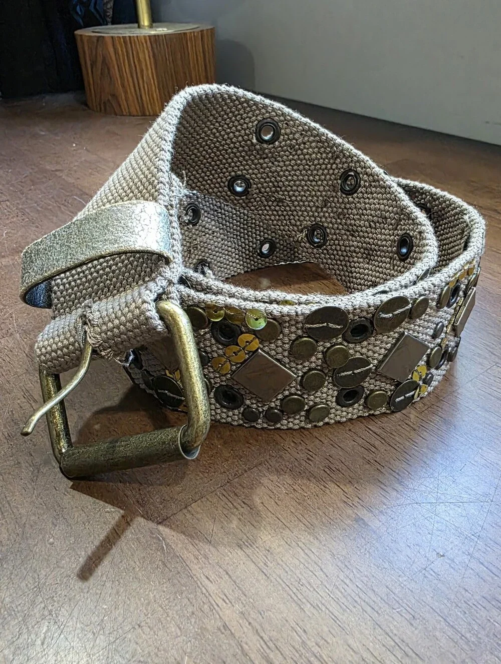 Boho Embellished Canvas Belt Taupe Brass Studded Sequin Size  S/M